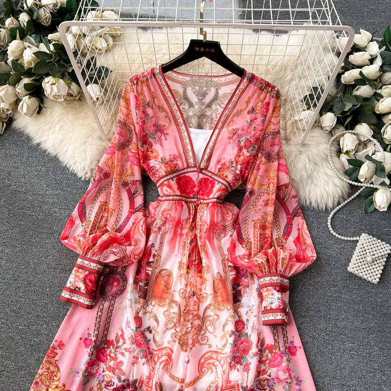 European Design, Print, Sexy Deep V-neck, Button Up, Slim Long Bubble Sleeves, Elegant and Stylish Floral Dress Novelty Short Lace Dress High Waist Dr