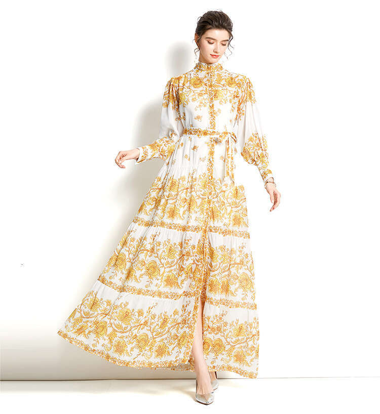 Design -2022 Standing Neck Lantern Sleeves Single Flap Wave Edge Long Printed Dress Autumn Dress Women Temperament Self-cultivation SKINNY DRESS