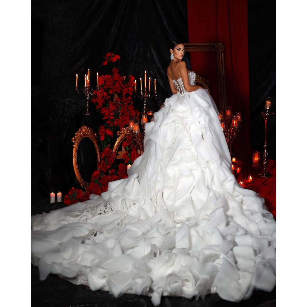 Urious Pearls Wedding Dresses Beaded Side Split Bridal Gowns Custom Made Sweetheart Detachable Train Ruffles Vestido De Novia 0227Lz