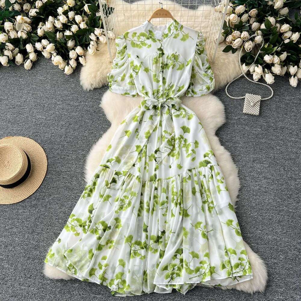 Summer Design Feeling Pleated Bubble Sleeve Dress Women with Waist Cinching Strap for Slimming Temperament, Ruffle Edge Printed Chiffon Skirt Oversize