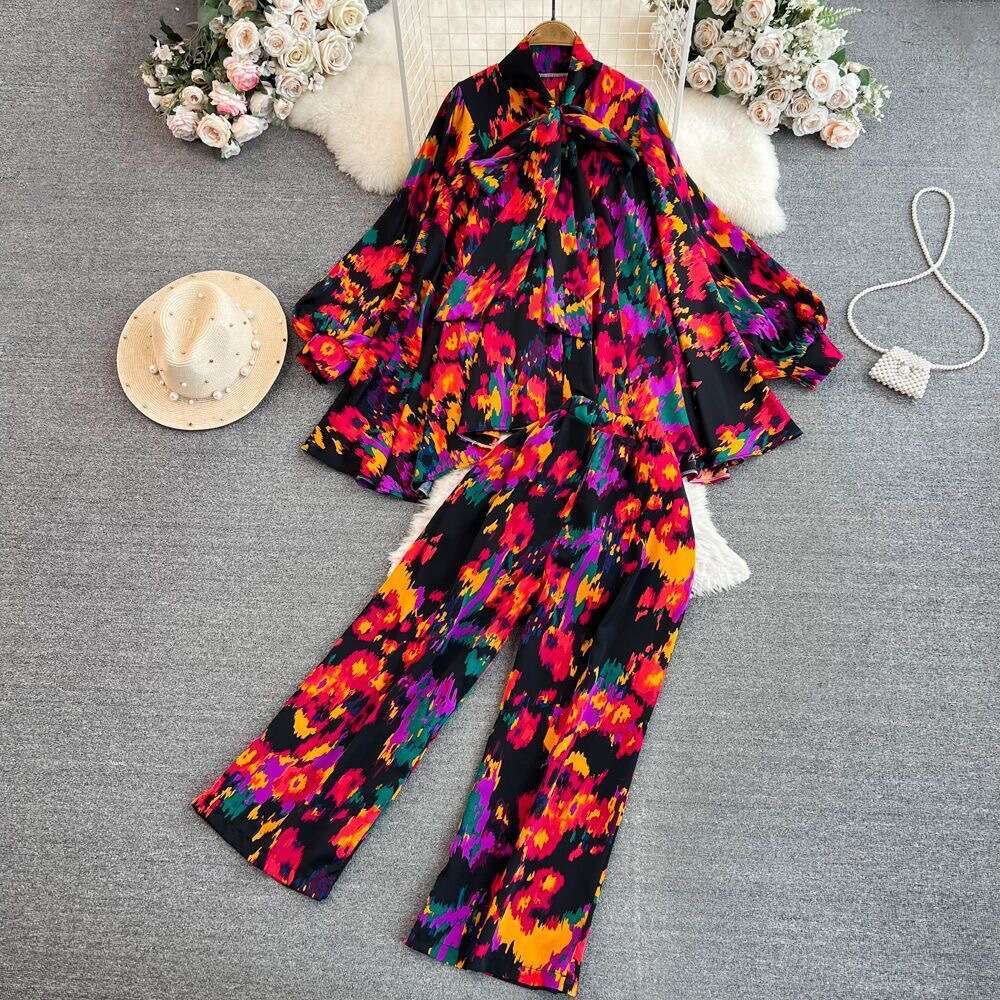 Fashion Womens Korean Version Lantern Long Sleeved Bow Tie Loose Printed Shirt Two-piece Set with High Waisted Wide Leg Pants Round Neck Dress High Wa