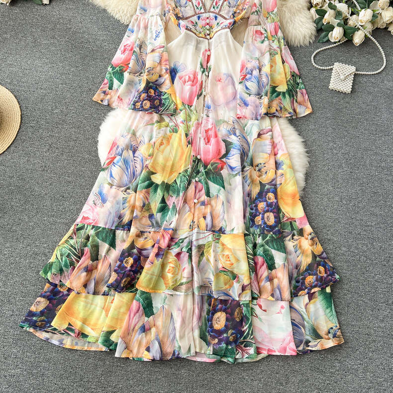 European Palace Style, Temperament, Dress Design, Flared Sleeves, Slim Fit, Long Chiffon Ruffle Edge Skirt Floral Dress Short Novelty Oversize Dress