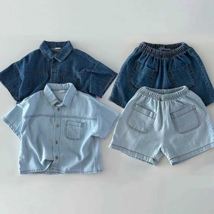 Clothing Sets Summer childrens denim short sleeved set 0-6-year-old baby solid color denim shirt and shorts two-piece casual sportswear set