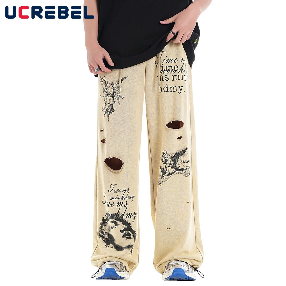 Angel Print Wide Leg Pants Mens Ripped Retro High Street Elastic Waist Loose Sweatpants Men Trousers 240708