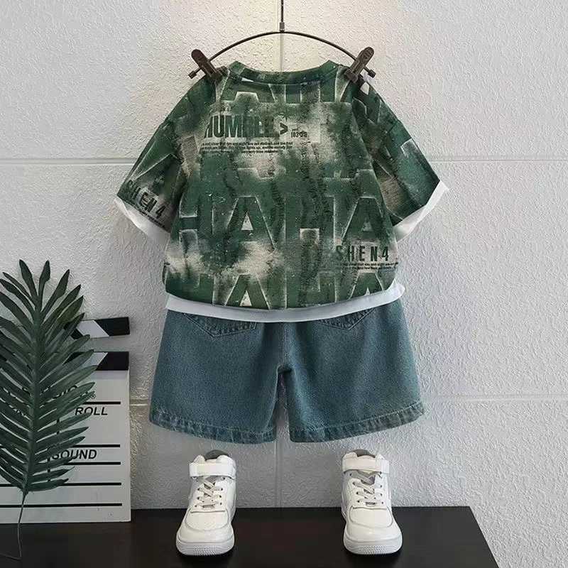 Clothing Sets Boys Set Summer 2024 New Western Style Childrens Middle and Big Boys Summer Fashion Korean Style Short Sleeve Two Piece Set