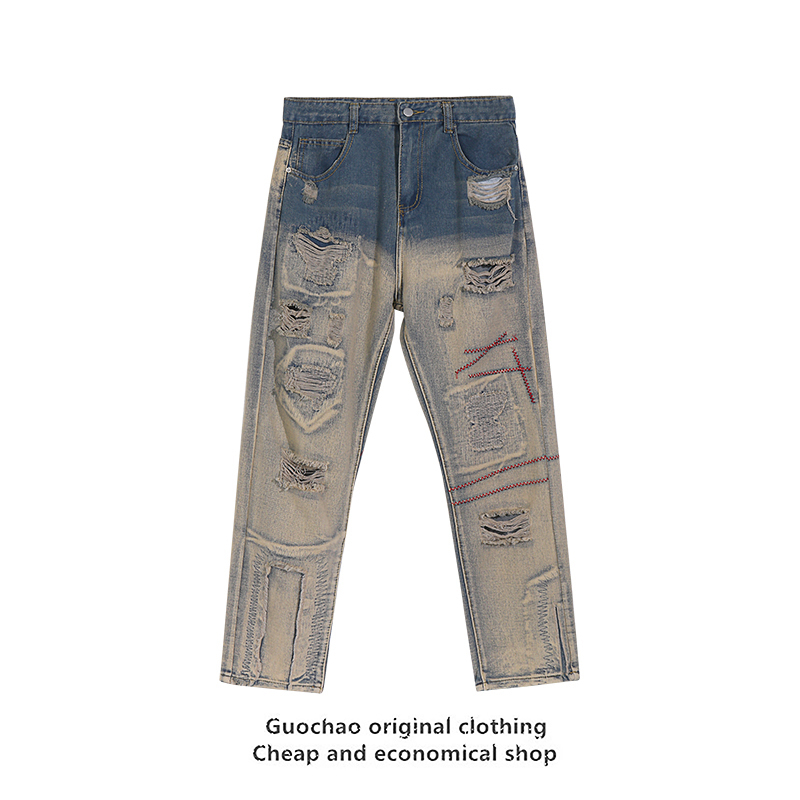 Large size trendy brand high street style American jeans men, vintage hip-hop, ripped, washed loose pants for women