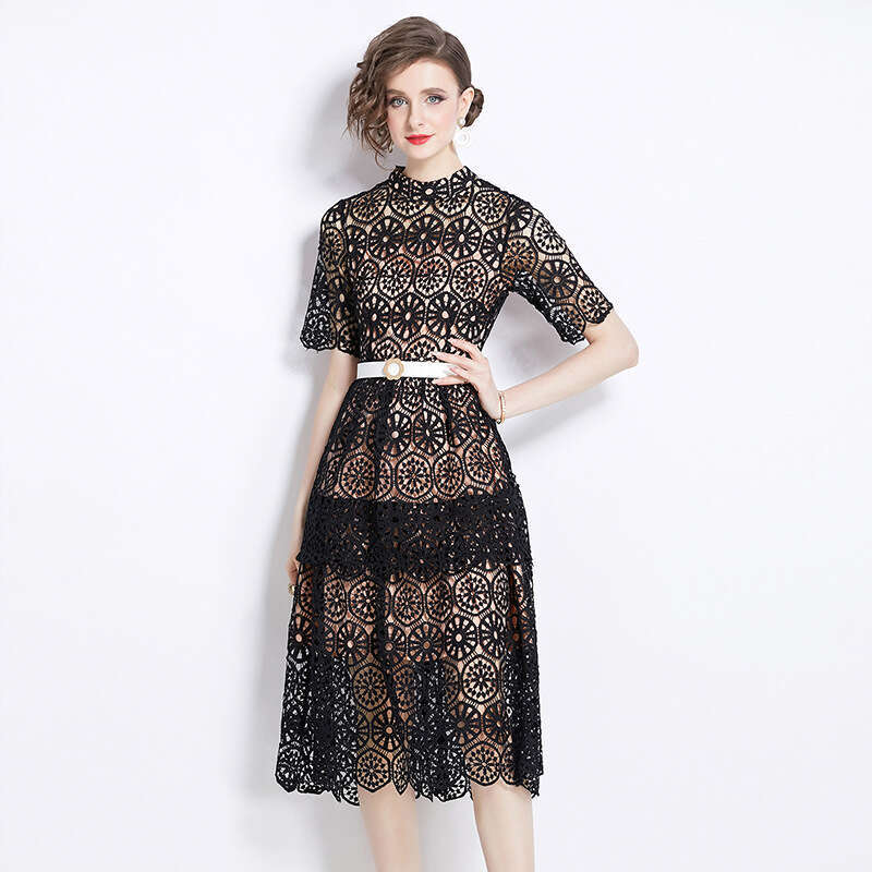 Light Luxury Heavy Industry Hollowed Out Carved Lace for Womens High Grade Multi Layered Ruffle Edge Cake Dress, Celebrity Style Dress SKINNY DRESS
