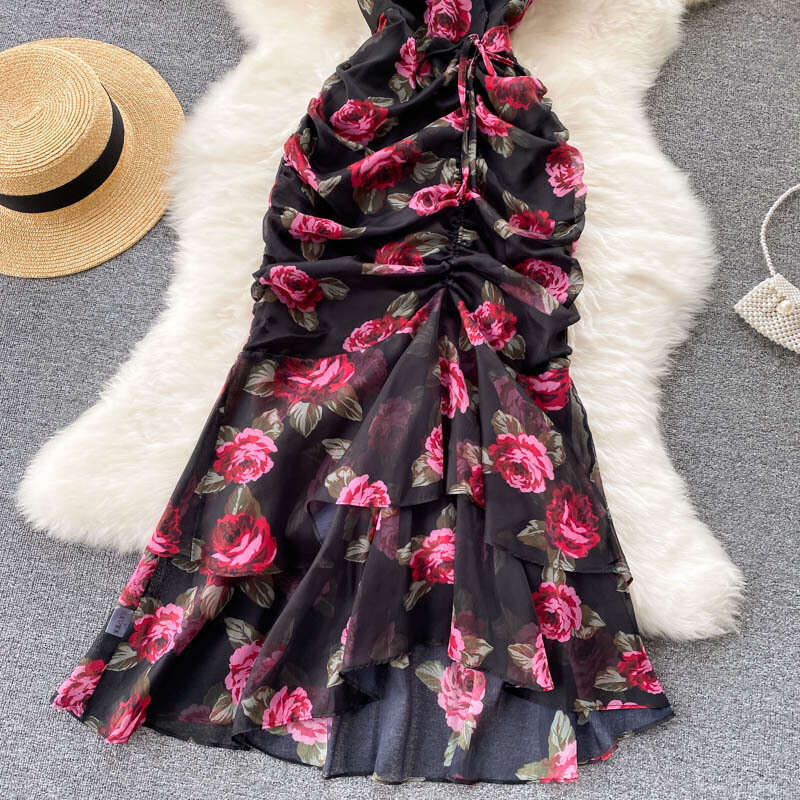 New Light Luxury Celebrity Chiffon Printed Elegant Ruffle Edge Fishtail Dress Womens Skirt Slimming Chiffon Floral Dress Sexy Dress Short Waist Silk D