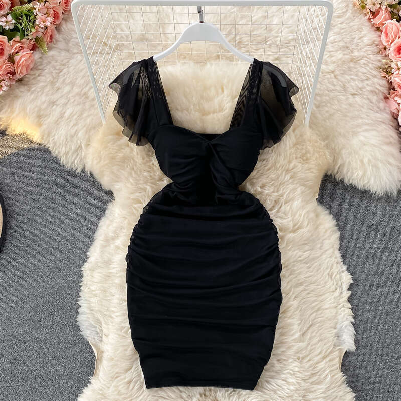 2023 Summer New French Sexy High Waist Slim Folded Square Neck Wrapped Hip Short Sleeve Party Dress Self-cultivation Pregnant Womens Dress Lace Dress