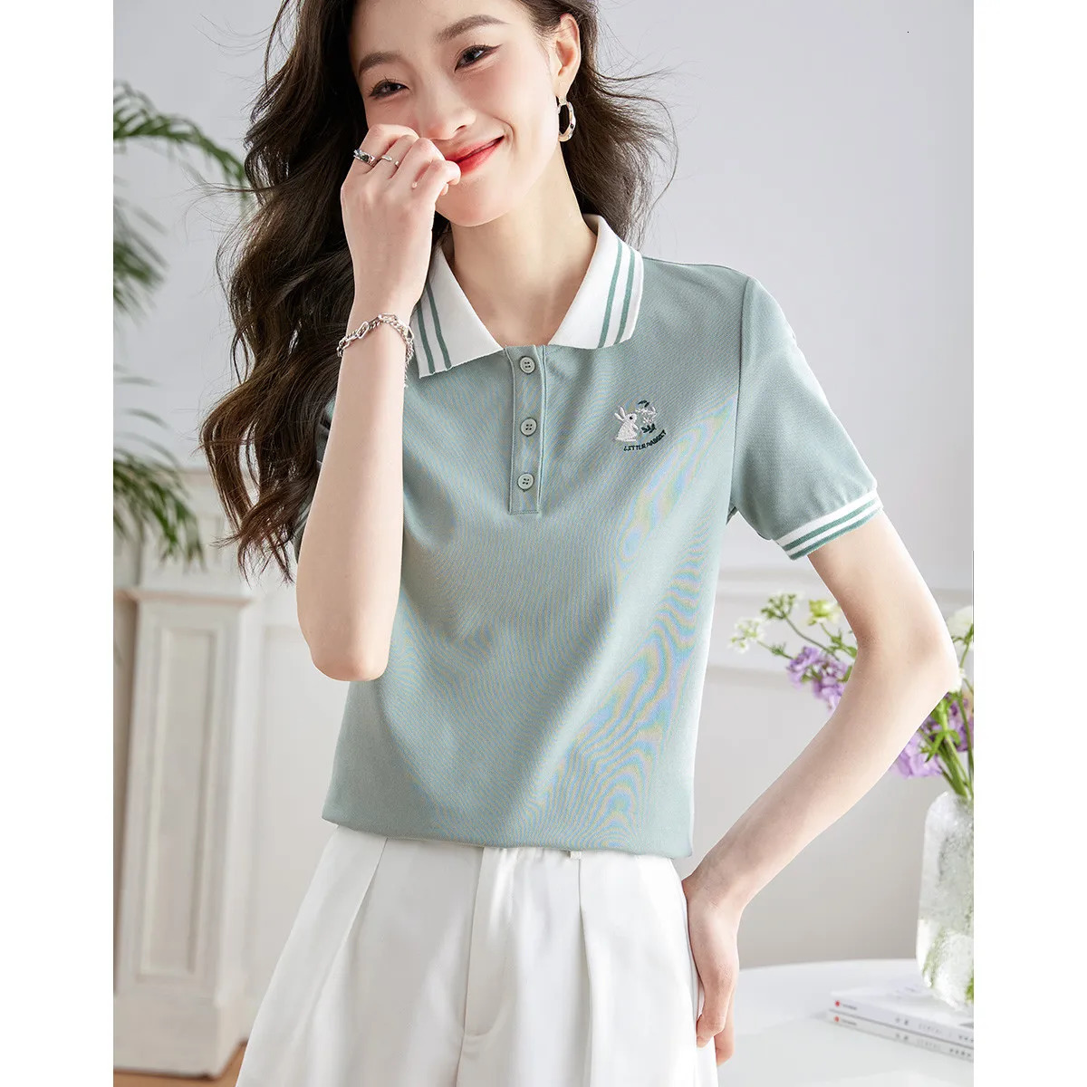 Polo Shirt Women Short Sleeve Buttons Collar Cotton Casual T-shirt Solid Sportswear Female Golf Clothes Summer Pullovers 240713