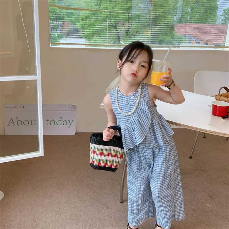 Clothing Sets Children S Sets 2023 Summer Tops Sleeveless A-line Pullover Wide Leg Pants Elastic Waist Cotton Plaid Sweet Fashion Casual Girl