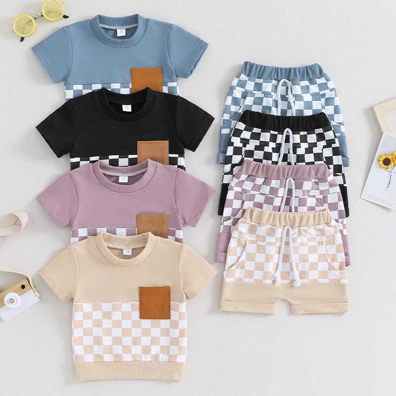 Clothing Sets 2Pcs Baby Boy Summer Outfit Toddler Newborn Infant Checkerboard Print Short Sleeve Pocket T-Shirt Shorts Set Toddler Boy Clothes
