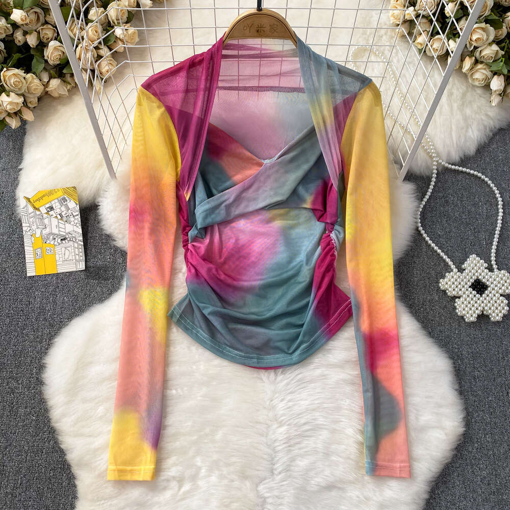 Summer Fashion Spicy Girl Camo Tie Dyed Long Sleeved V-neck Mesh T-shirt Womens Western Style Slim Fit Wrinkle Short Top Novelty Sexy Lace Dress BOHO 