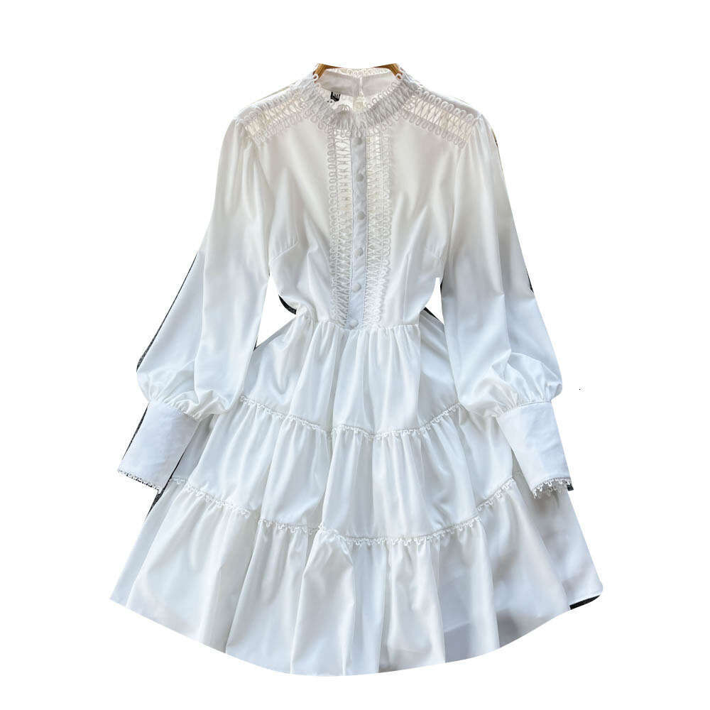 2023 Spring New Instagram Korean Edition Solid Color Long Sleeved Single Breasted Ruffle Edge Shirt Dress Loose Bifurcated Sexy Round Neck Dress