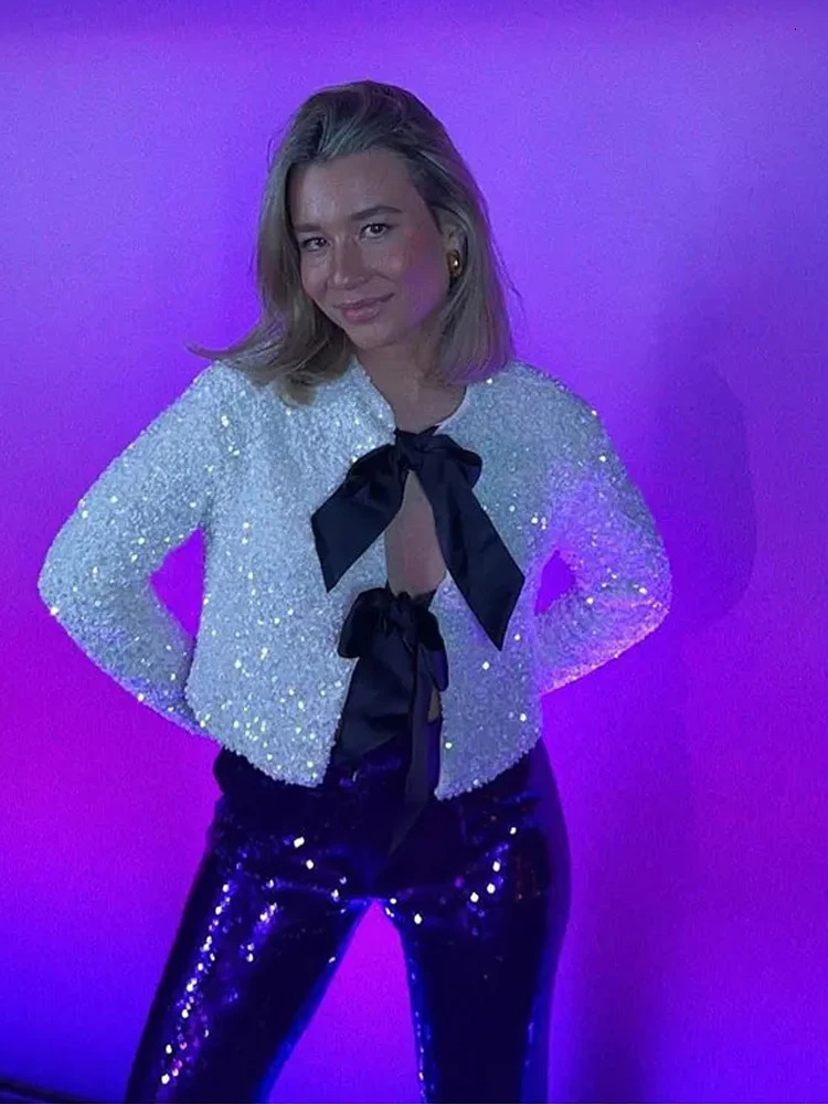 Fashion Holiday Tie-front Sequined Jacket For Women Y2K Shiny Chic Cropped Coat Female Elegant Long Sleeve Lady Party Outerwear 240715