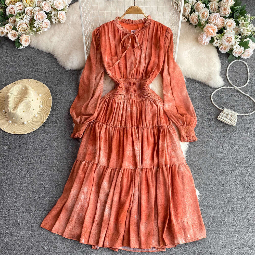 French Tea Break Skirt High End, Light Luxury Style, Wooden Ear Edge Standing Collar, Long Sleeves, Waist Wrapped, Slim A-line Dress Lace Dress Oversi