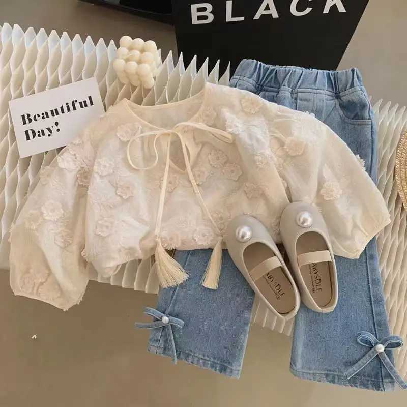 Clothing Sets Korean Childrens Clothing Set 2023 Spring and Autumn Girls 3D Flower Embroidery Shirt Baby Bow Style Top+Jeans Two Piece Set