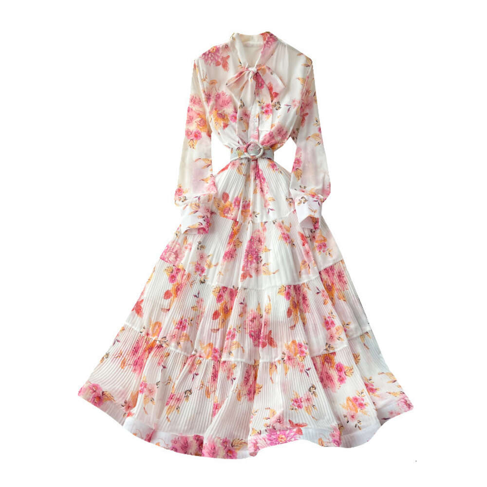 Light Mature Style 2024 New French Bow Tie Waist Wrap Large Ruffle Edge Fragmented Flower Long Dress Sexy Dress Waist Bifurcated Round Neck Dress Silk