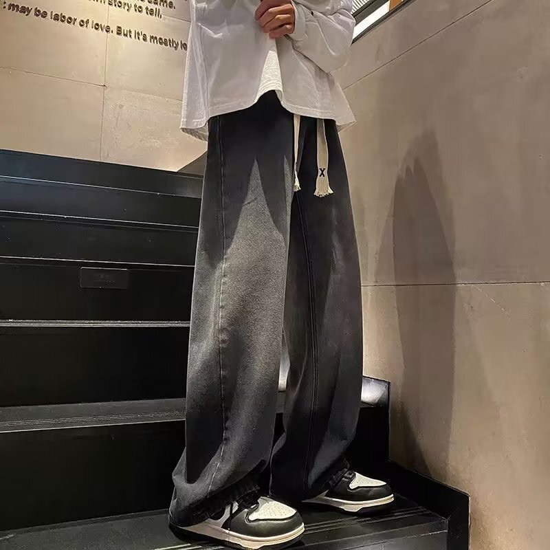 Workwear denim men's autumn thin loose straight wide leg American fashion brand versatile casual pants