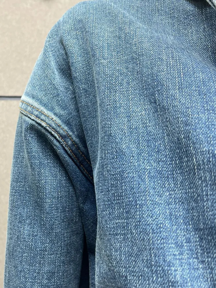 DEAT Women Denim Jackets Notched Collar Long Sleeve Crossed High Waist Spliced Belt Short Coat 2024 Summer Fashion 7AB3526 240715
