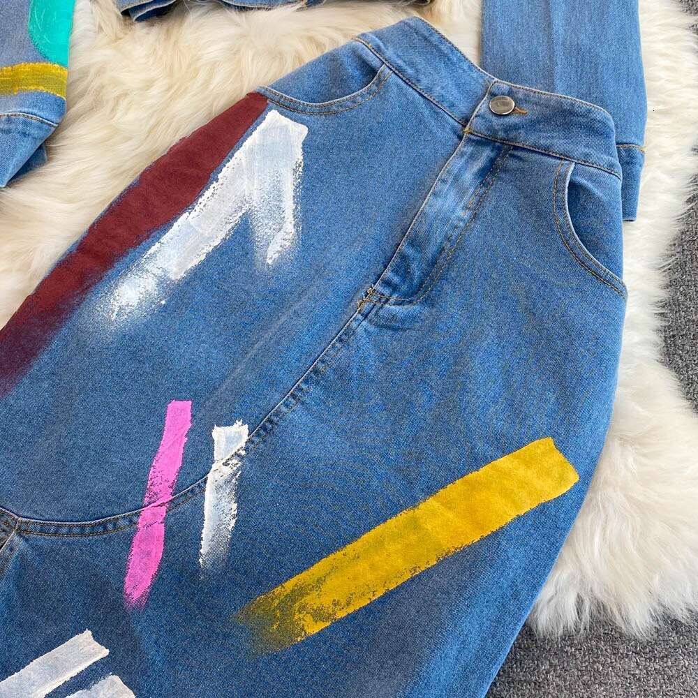 Fashion Womens Hong Kong Style Temperament Graffiti Denim Two-piece Set High Waisted A-line Split Skirt Autumn Self-cultivation Waist Lace Dress Denim