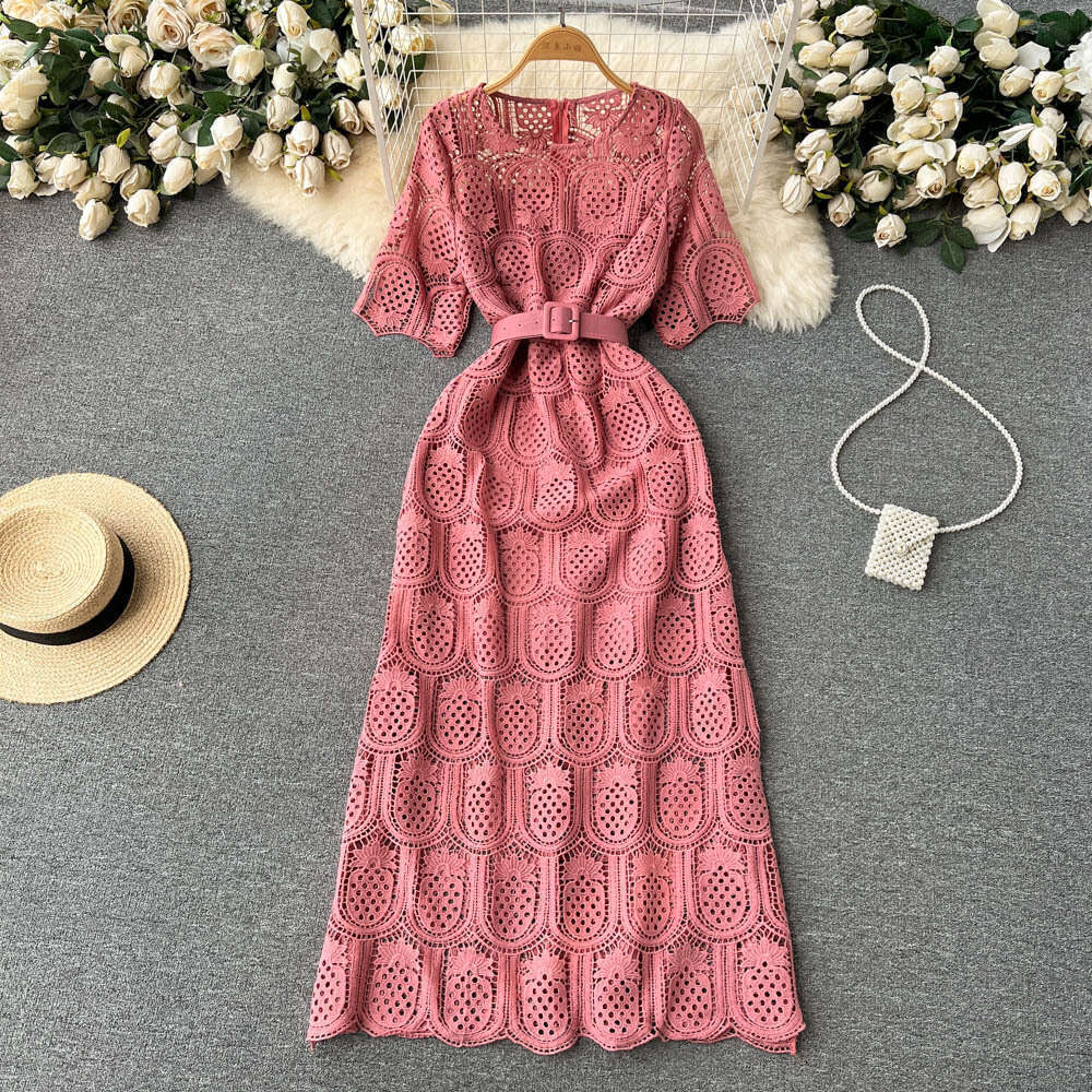 Summer Outfit New Hollow Out Temperament Socialite Fashionable Round Neck Lace Dress Womens Short Sleeved Hook Flower Waist Long Skirt Waist Oversize 