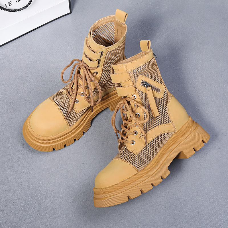 Hollow out Martin boots women's summer thin sandals leather mesh boots breathable mesh cool boots high heels thick heels white short boots