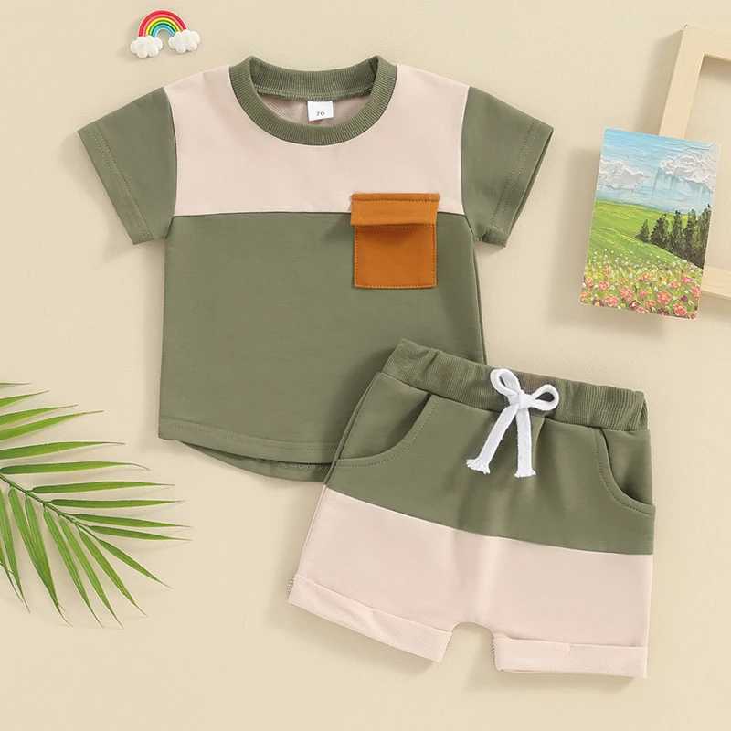 Clothing Sets Toddler Boy Summer Clothes Baby Clothing Sets Contrast Color Short Sleeve Pocket T-Shirt with Elastic Waist Shorts 2Pcs Outfit