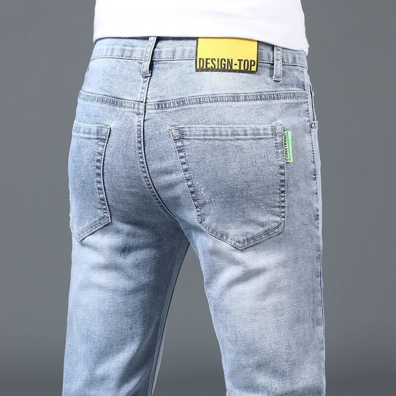 Designer Business Men's Denim Pants Summer Thin, Light Color Piercing Men's Jeans Slim Fit Korean Fashion Stretch Pants