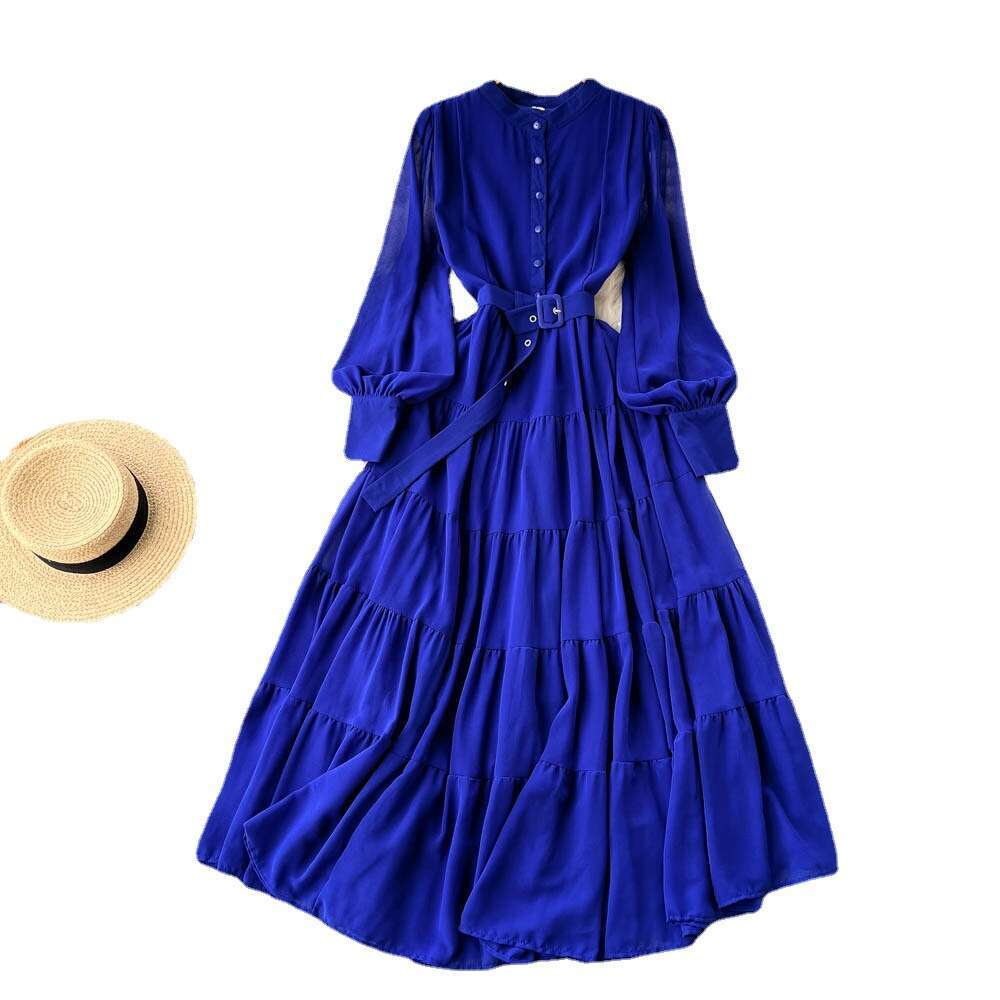 Spring New V-neck Single Breasted Chiffon Dress for Women French Style Waist Up Slimming and Large Hem A-line Long Skirt, Trendy Lace Dress Round Neck