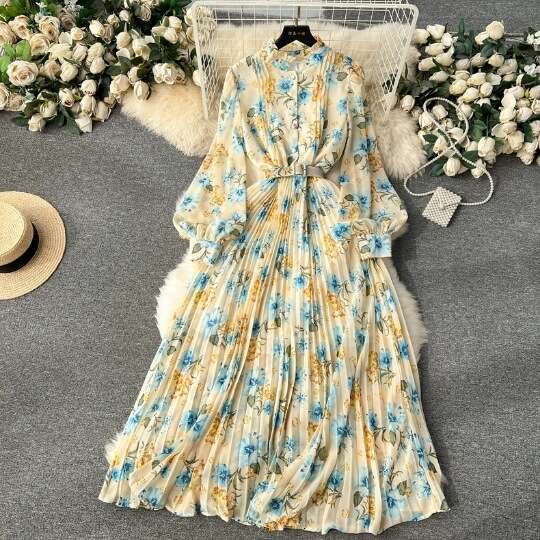 Spring New Sweet Auricularia Edge Button Slim Fit Long Hundred Fold Chiffon Dress with Fragmented Flowers Bubble Sleeves French Womens Temperament Lac