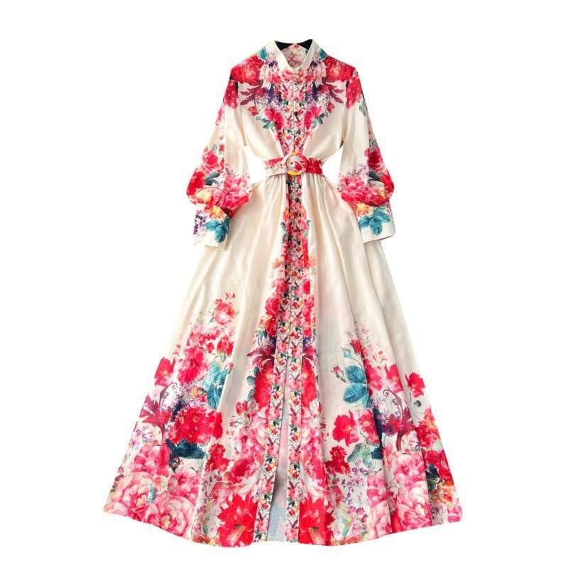 Palace French Elegant for Womens Spring and Autumn New High Grade Standing Neck Lantern Long Sleeve Waist Wrapped Print Dress Pregnant Womens Dress La