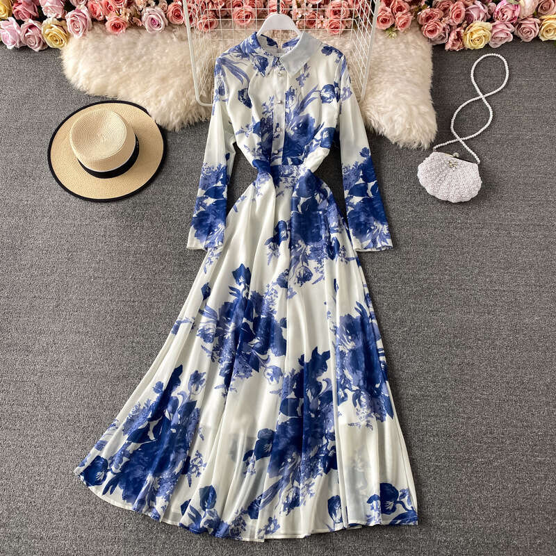 Gentle Style Large Swing Shirt Neck Dress Ink Painted Print Temperament Slim Fit Long Skirt Sexy Dress Loose Bifurcated Sexy SKINNY DRESS High Waist D