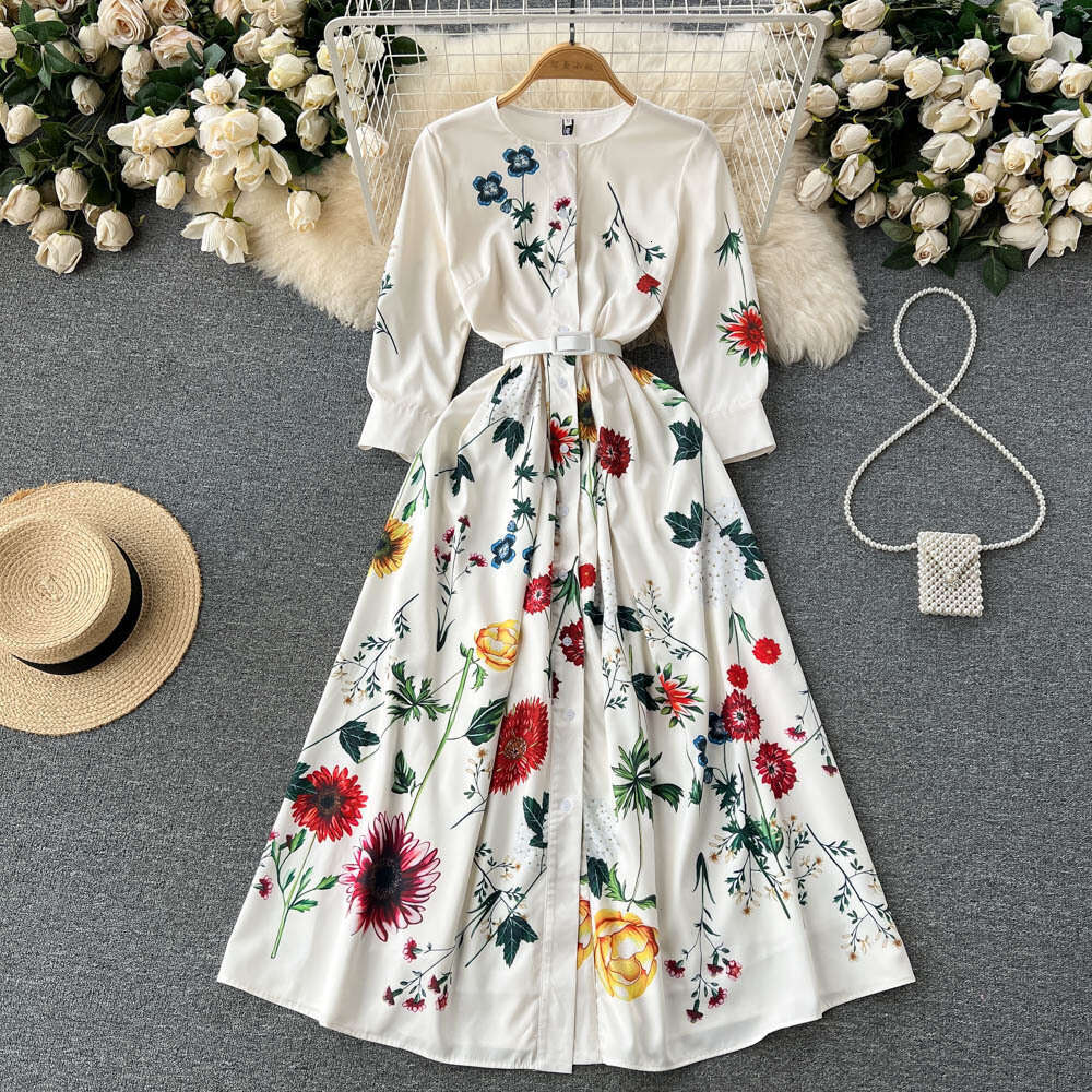 Instagram Style Spring/summer New High-end Print Fashion Slim Fit Temperament Single Breasted Dress Large Hem Long Skirt Bifurcated Temperament Waist 