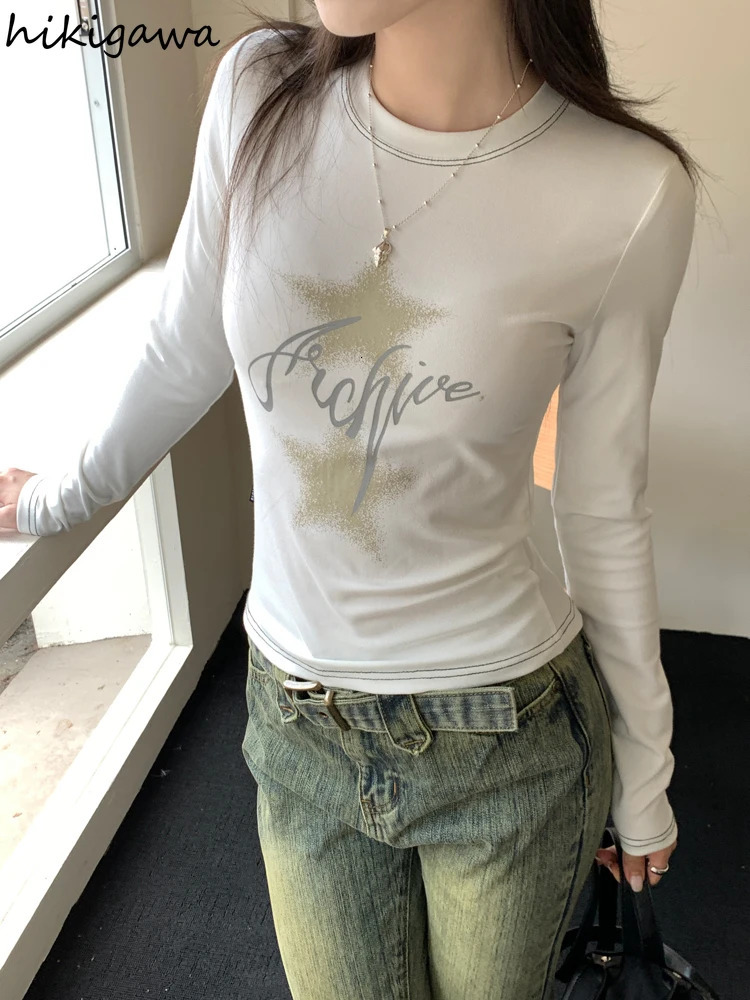Star Print Woman Tshirts Long Sleeve Tunic Crop Tops O-neck Fashion Tees Ropa Mujer Casual Korean Y2k T Shirt Women Clothes 240715