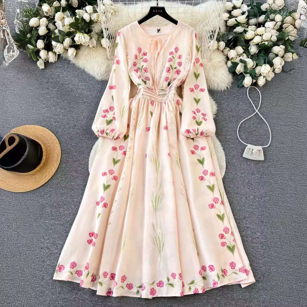 Noble Temperament, Sleeved Positioning Print, Waist Cinching, Large Hem Dress, High-end Feeling, Slimming French Long Skirt Novelty Loose Denim Dress