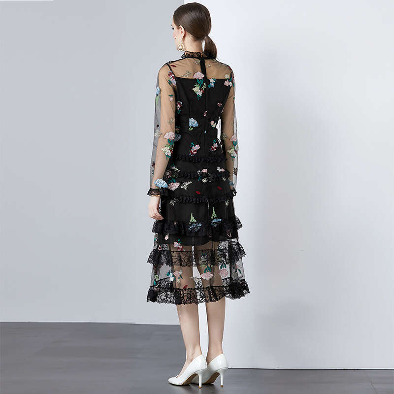 Palace Style in 2024, New Sweet Lace and Wood Ear Trim Slim Fit Fairy Dress for Women Polka Point Chiffon Long Sleeve Dress Short Temperament BOHO DRE