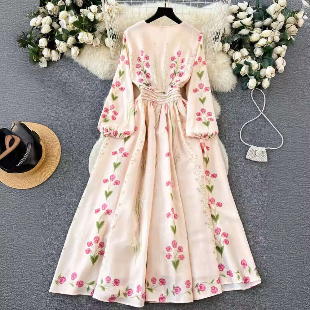 Noble Temperament, Sleeved Positioning Print, Waist Cinching, Large Hem Dress, High-end Feeling, Slimming French Long Skirt Novelty Loose Denim Dress