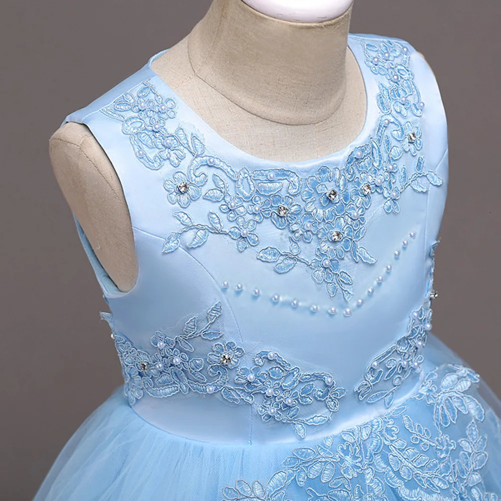 Girls Puffy Princess Sleeveless Beaded Flowers Embroidery Tulle Lace Tutu Dress For Evening Birthday Party Kids Clothes #584 240708