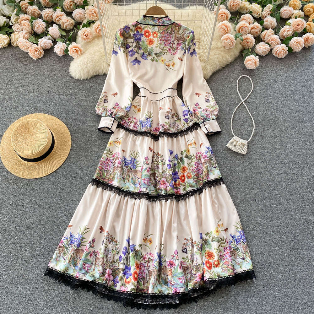 Palace Style Elegant Floral High-end Dress with Tie and Bow, Cinching Waist for Slimming Effect, Lace Over Knee Long Skirt Self-cultivation Lace Dress