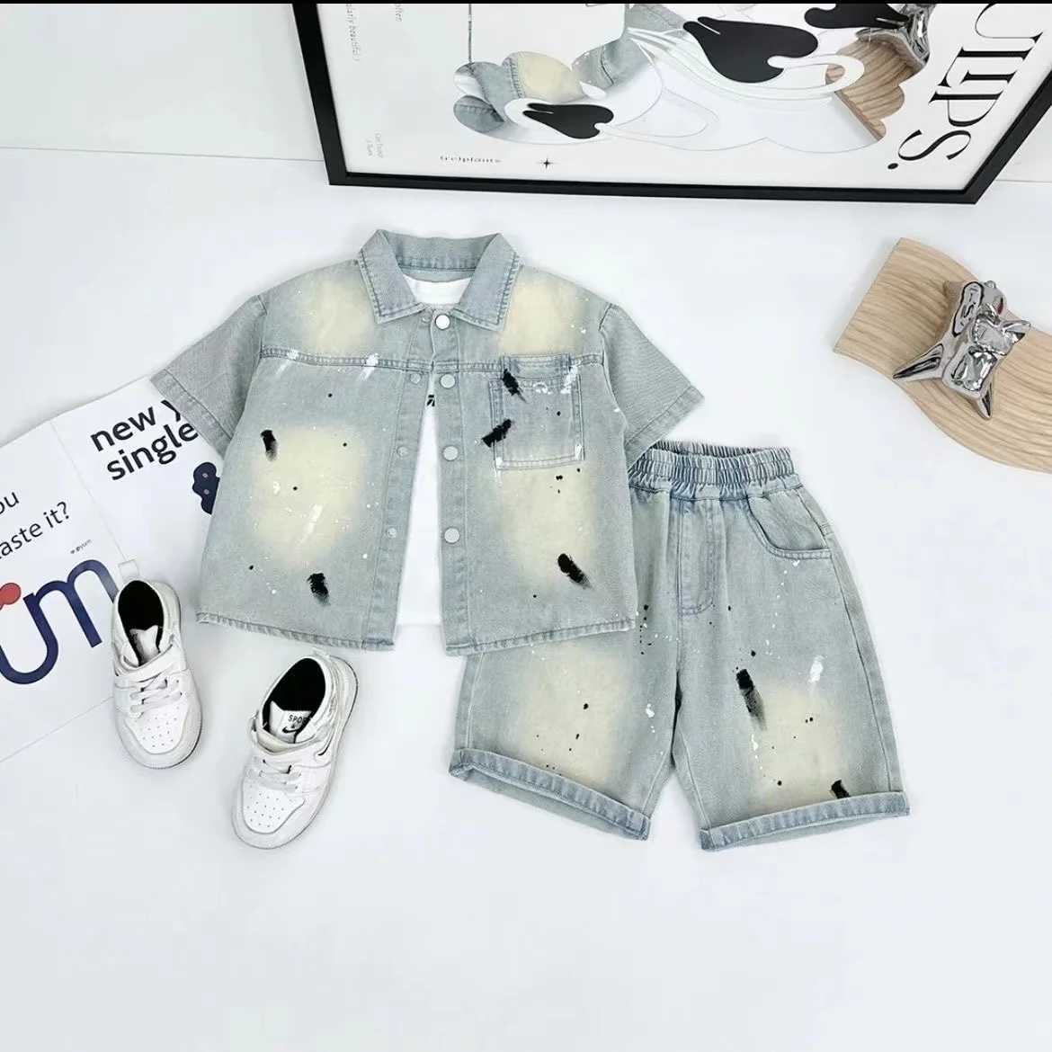 Clothing Sets Kid Thin Clothes Boys Summer Set 2024 New Girls Splashing Ink Washing Soft Denim Short Sleeved Shirt and Shorts 2pcs 2-7Y