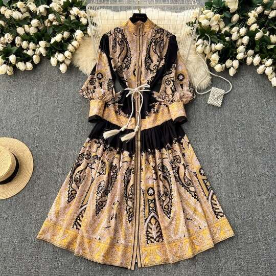 New Elegant and Ethnic Style Standing Neck with Single Breasted Waist for Slimming Print French Long Womens Dress Temperament Sexy Denim Dress BOHO DR