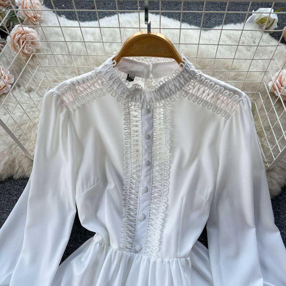 2023 Spring New Instagram Korean Edition Solid Color Long Sleeved Single Breasted Ruffle Edge Shirt Dress Loose Bifurcated Sexy Round Neck Dress