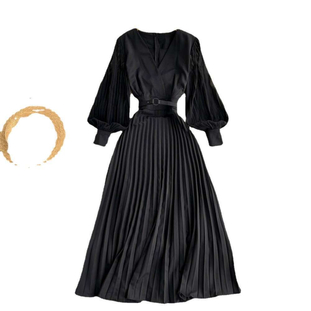French V-neck Cinched Waist Dress, Mature Style, Medium Length Lantern Sleeves, Elegant Temperament, Pleated Skirt Temperament Loose Round Neck Dress