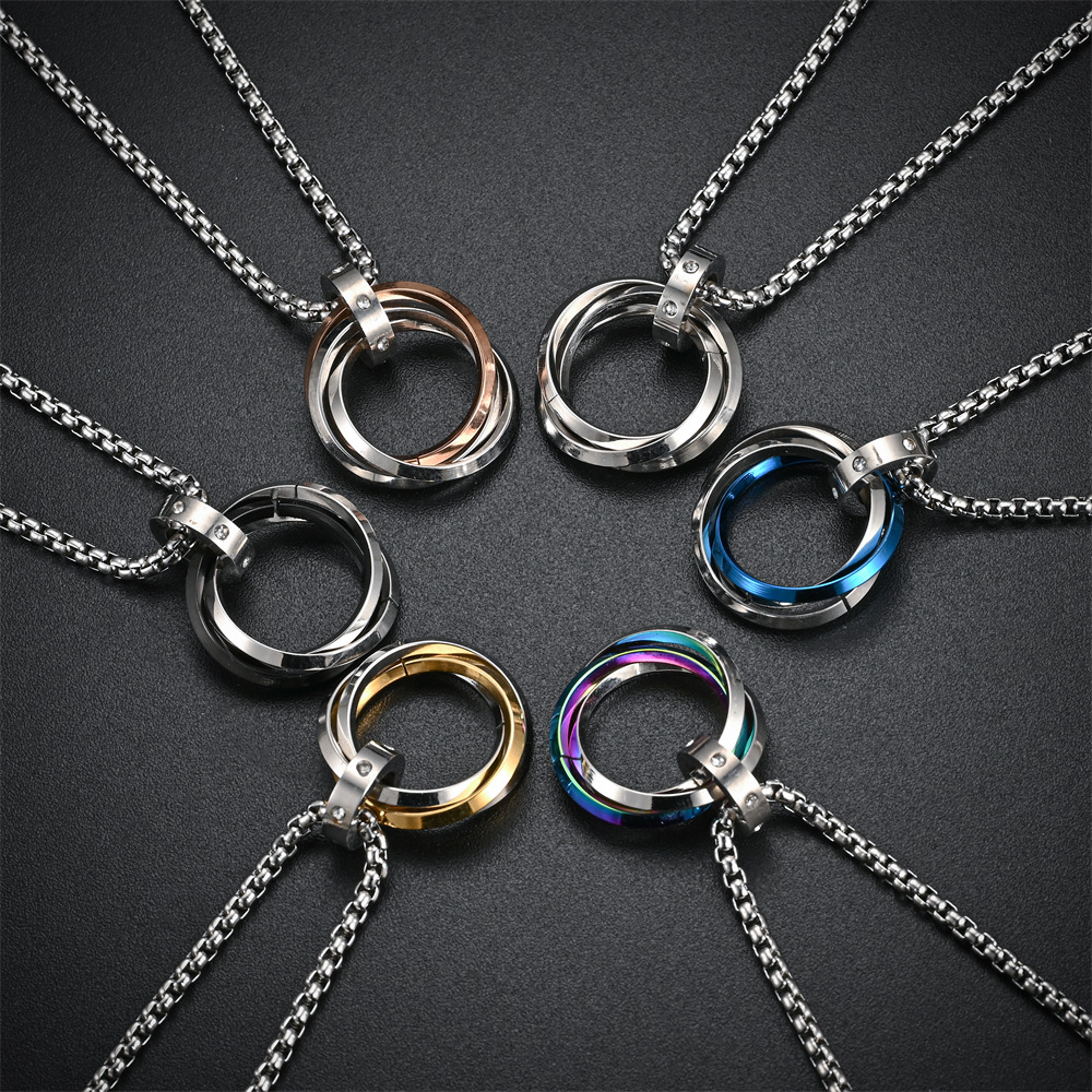 Non Tarnish Stainless Steel Circle Ring Pendant Necklace Interlocking Crystal Rings Necklaces for Women Men Hiphop Fashion Jewelry Accessories Gift