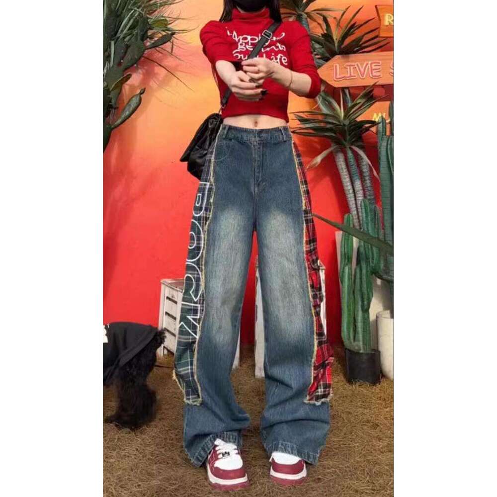 Jeans 2024 New Style Personalized Splicing Letter Plaid Wide Leg Beggar Pants for Women Japanese Harajuku Breathable Plaid Trousers Bound Feet Men Pan