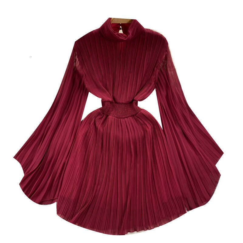 High End Pleated Flared Sleeves High Necked Dress for Womens Spring/summer French Light Luxury, Niche Design, Waist Cinching Chiffon Skirt Silk Dress