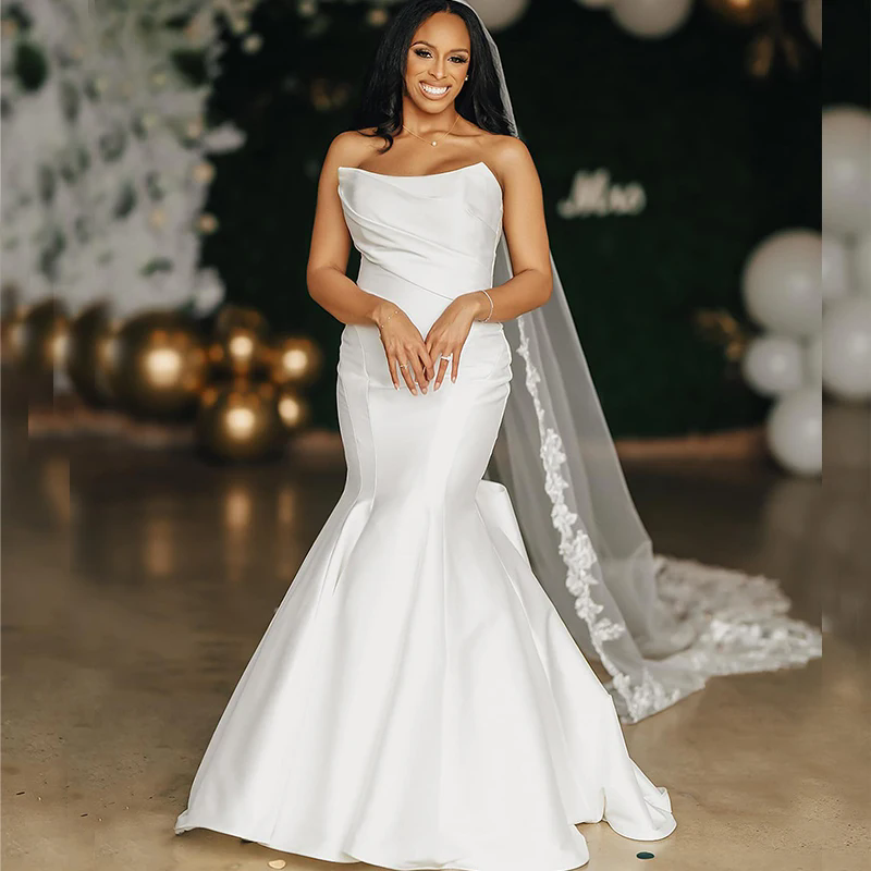 Strapless Mermaid Simple Dresses Pleat Satin Bridal Sweep Train Plus Size Wedding Gown For Bride