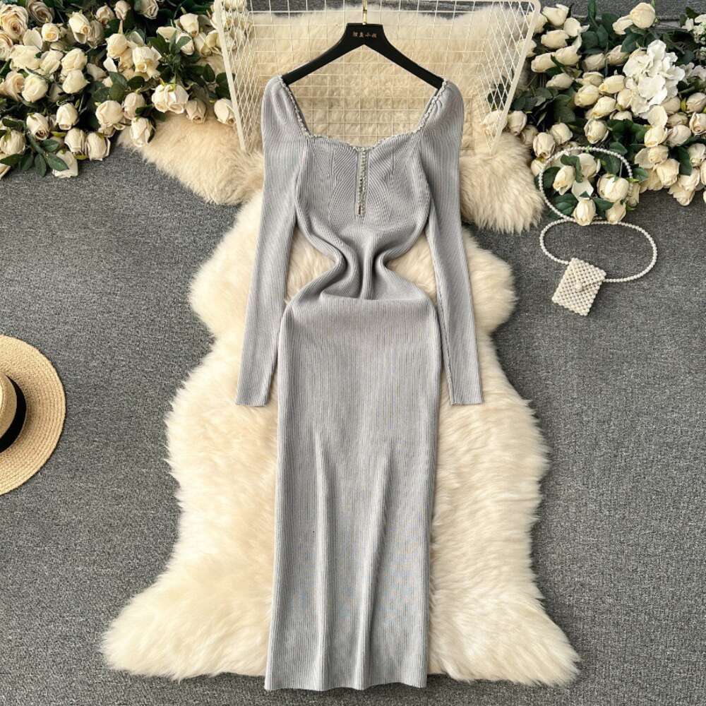 Autumn and Winter Dress with High-end Feel, Heavy-duty Diamond Inlaid Square Neck, Slim Fit, Buttocks Wrapped Skirt, Temperament, Medium Length Knitte