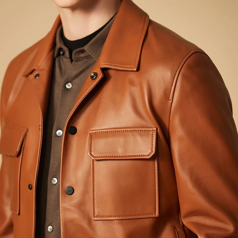 Brown leather jacket for men British fashion autumn product sheepskin jacket high-quality customized cowhide jacket coat 240716
